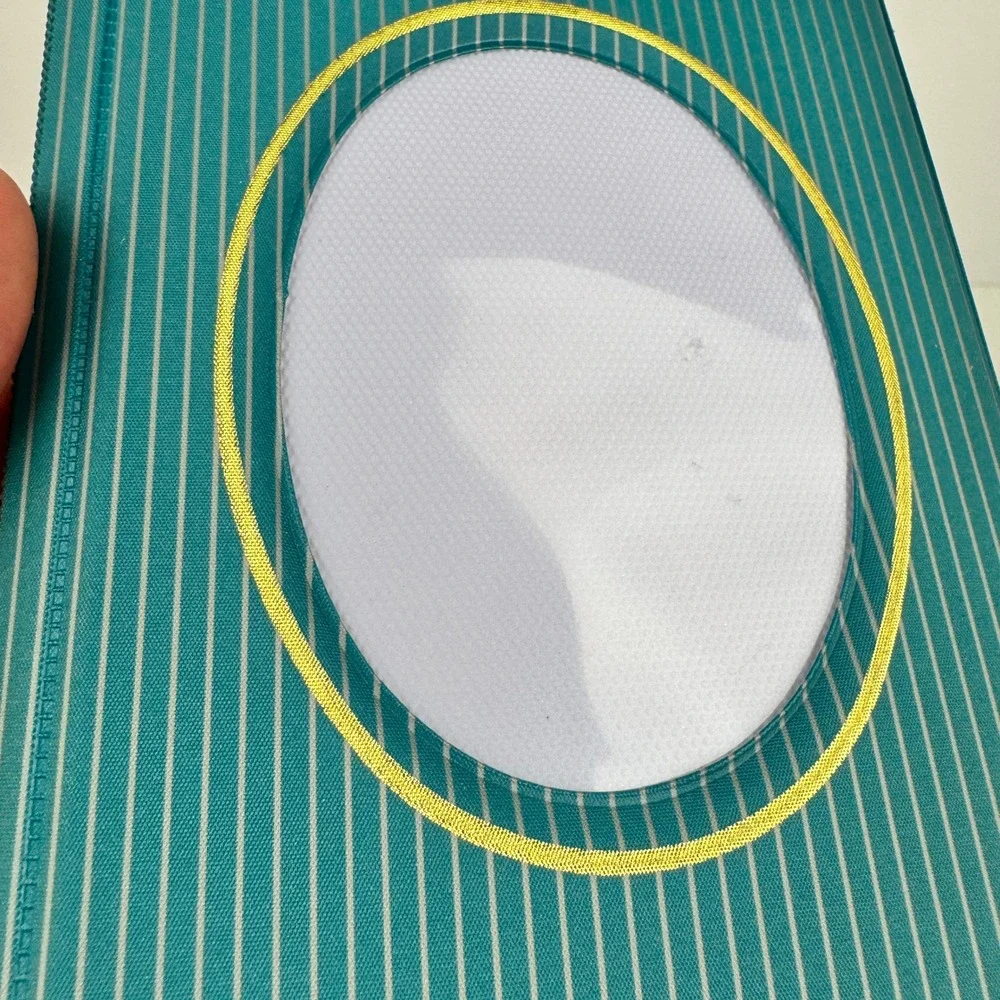 Vtg Photo Picture Album Teal Silver Pinstripes w Gold Accent Oval Open on Cover